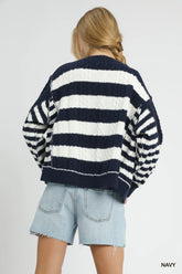 Umgee Cable-Knit Stripe Button-Up Cardigan OutfitFlow